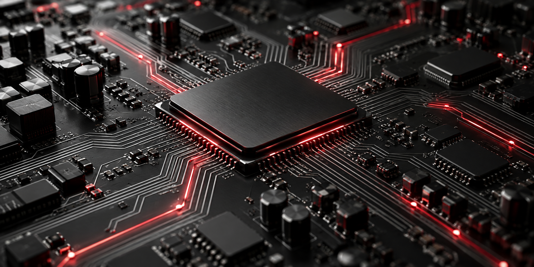 Detailed black circuit board with a central processor and red illuminated connections